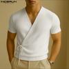 Mens V Neck Front Cross Short Sleeve Thin Casual Rib T-shirts Tops