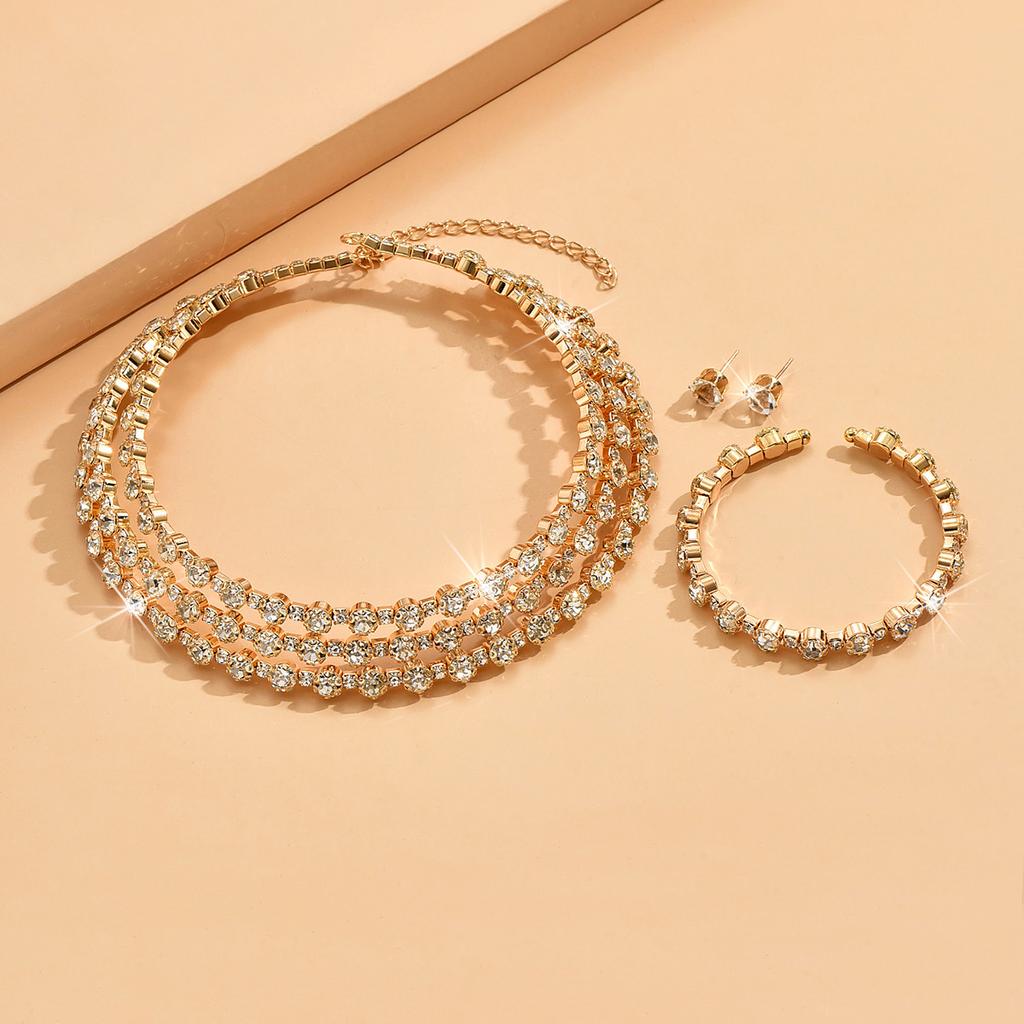 4-piece Women's Jewelry Set with Rhinestones, Multi-layer Collars, Earrings, Bracelets, Wedding Party Accessories