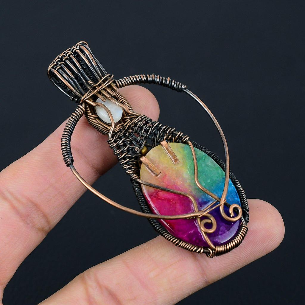 Rainbow Solar Quartz & Moonstone Gemstone Handmade Pure Copper Wire Wrap Jewelry Pendant For Her