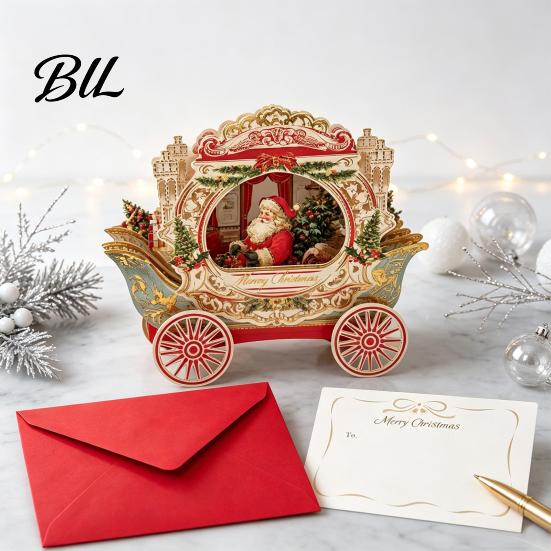 Memorable Holiday Cards 3D Christmas Carriage Pop Up Card, Vintage Santa on Gift Sleigh Tabletop Decoration, Greeting Card with Envelope Surprise for