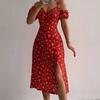 Summer Elegant Off Shoulder Floral Print Slim Dress Sexy Sling Ruffle Strapless Slit Party Dress Women V Neck Long Dress 21764