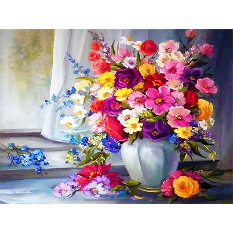 5D DIY Алмазная картина Ваза Алмазная вышивка Цветочный пейзаж Вышивка крестиком Полный круглый дрель Домашний декор Ручной художественный подарок