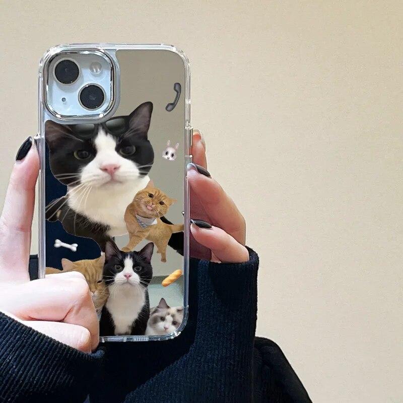 Korean Cute Cartoon Cat Mirror Phone Case For iPhone 15 Pro Case iPhone 14 11 12 13 Pro Max X XS XR Shockproof Love Heart Cover