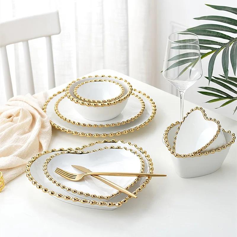 1 шт. Керамическая большая миска для риса в форме сердца, столовая посуда, скандинавская белая круглая тарелка для салата в стиле Пномпеня, блюдо для стейка, столовая посуда, обеденная тарелка