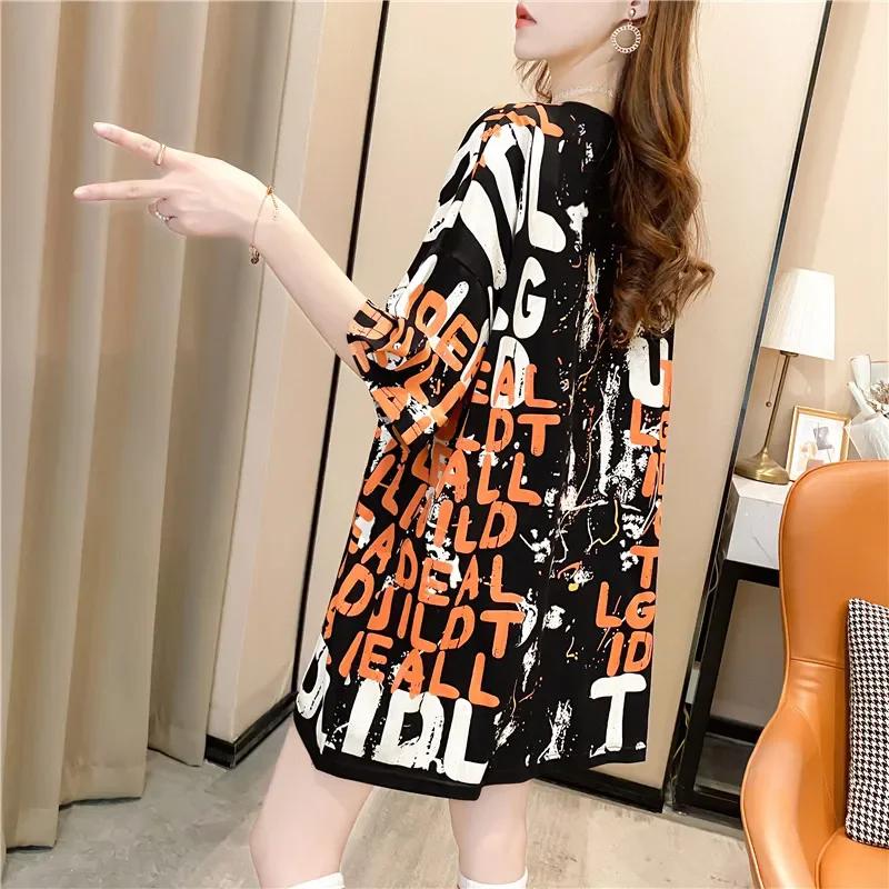 Летняя винтажная футболка с принтом Мода Женская Оверсайз Графические Длинные Футболки Y2k Топы Харадзюку хип-хоп Уличная одежда молодежная