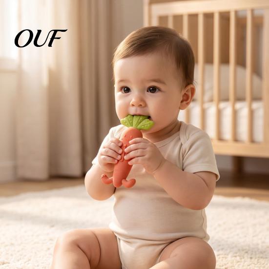 Baby Gum Massage Tool Silicone Carrot Teether, Food-Grade BPA-Free Chew Toy for 3-6 BPA Free Teething Months, Soothing Massager, Boil-Safe Infant