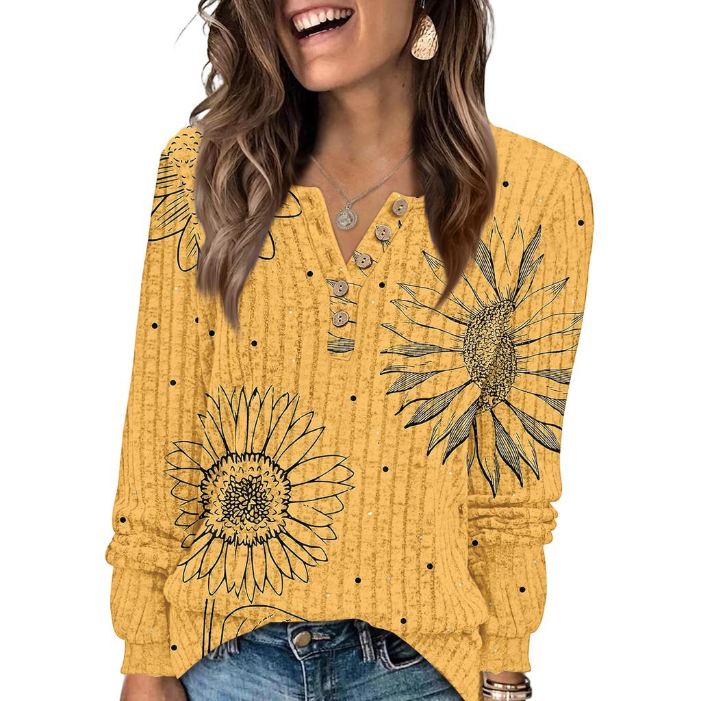 Женская модная футболка с V-образным вырезом на пуговицах и цветочным принтом, топ с длинными рукавами