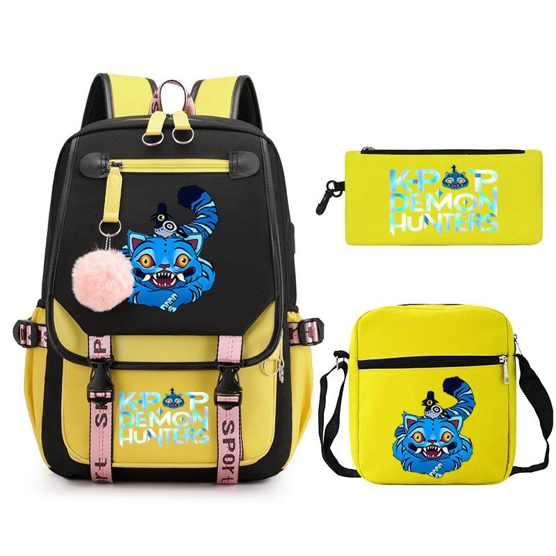Kpop Trend Backpack Large Capacity Student School Bag Three-Piece Pencil Case Casual Shoulder Bag