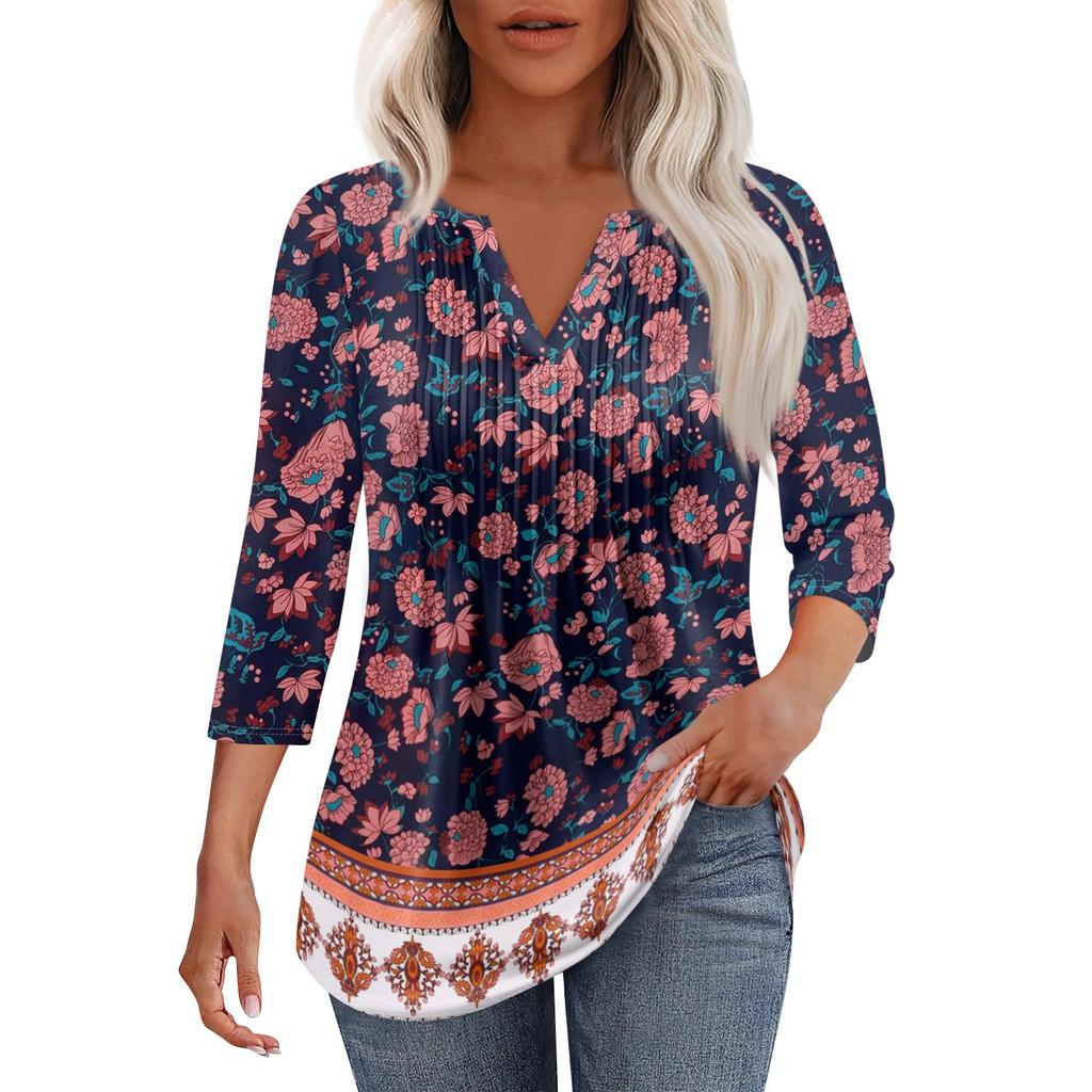 Women's Fashionable Casual Pleated V Neck Solid Color Seven Quarter Sleeve T-shirt Top