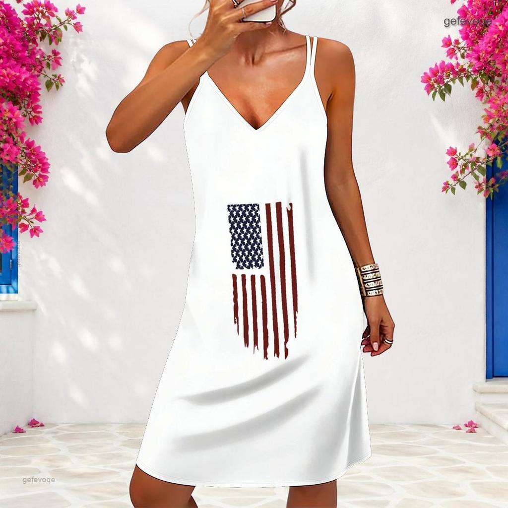 Women Plus Size V Neck Double Straps Sleeveless American Flag Printed Navy White Mini Dress