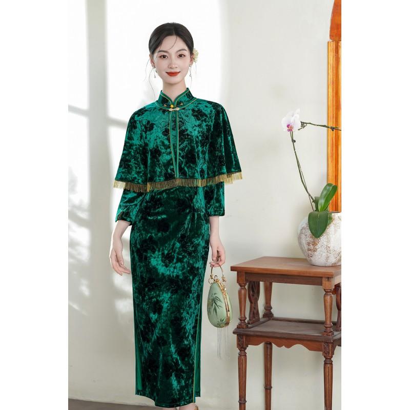 Womens Chinese Style Long Cheongsam Set With Velvet Fabric Stand Collar Medium Slit Comfort Fit