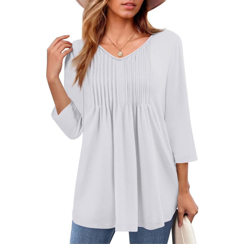 Женские топы с V-образным вырезом и рукавом три четверти в полоску, плиссированные, повседневные, летние, модные, рубашки