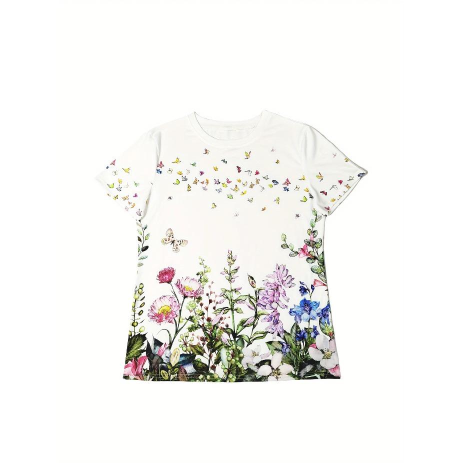 Женская повседневная футболка с цветочным принтом и бабочками - Дышащая, с коротким рукавом и круглым вырезом, для ношения в любое время года, женские футболки