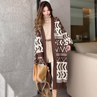 Женские свитера средней длины с v-образным вырезом и ромбовидным узором, вязаные кардиганы, осень-зима, свободные шерстяные вязаные пальто, женская верхняя одежда