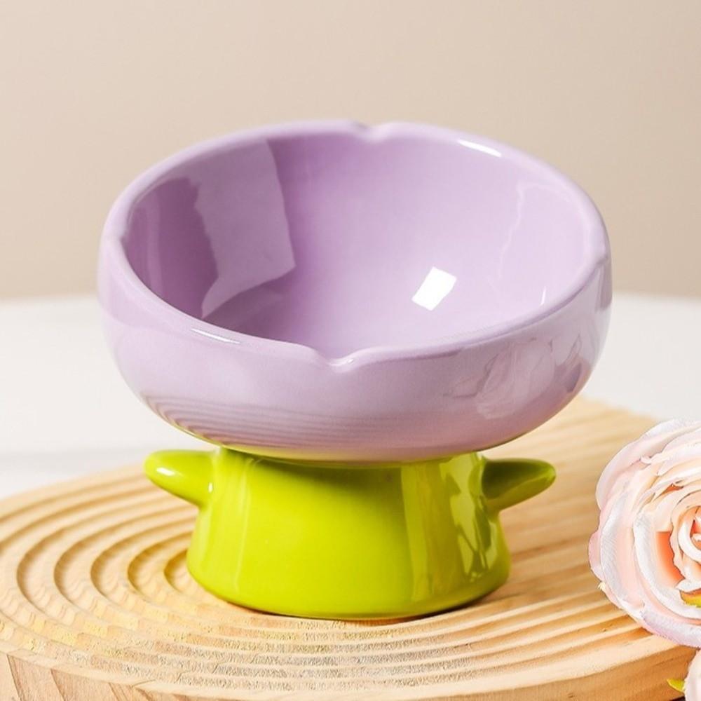Simple Large-mouthed Ceramic Cat Bowl Flower Shaped Non-slip Anti-tipping Bowl Raised Design High Foot Bowl For Cats Dogs