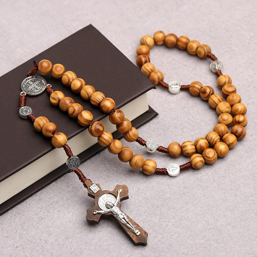 Wood Beads Rosary Cross Necklace For Women Men Christian Virgin Mary INRI Pendant Chain Fashion Religion Jewelry
