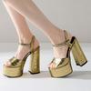 Gold Women's Sandals Summer Shoes 2025 Sexy Platform Super 14.5cm Block High Heel White Ankle Strap Dance Wedding Shoes Ladies
