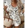 Темпераментный Топ для Поездок Леопардовый Принт Большой V-образный вырез Плиссированный Рукав Семь Четвертей Женские Блузки и Рубашки