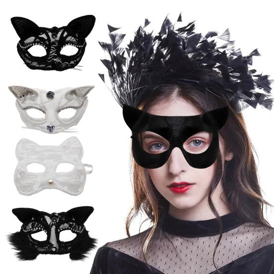 Halloween Cat Masque Half Face Lace Masquerade Masque Cat Fox Animal Cosplay Costume for Carnival Ball Party Accessories