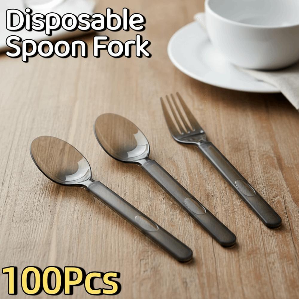 100Pcs Eco-Friendly Disposable Spoon Fork Thickened Transparent Plastic Spoon  Party Supplies