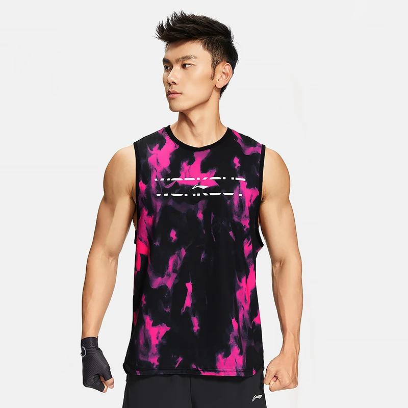 Li-Ning Светоотражающий быстросохнущий прохладный антибактериальный жилет для фитнеса с принтом тай-дай для мужчин, топы черного и розового цвета AVSS017-2