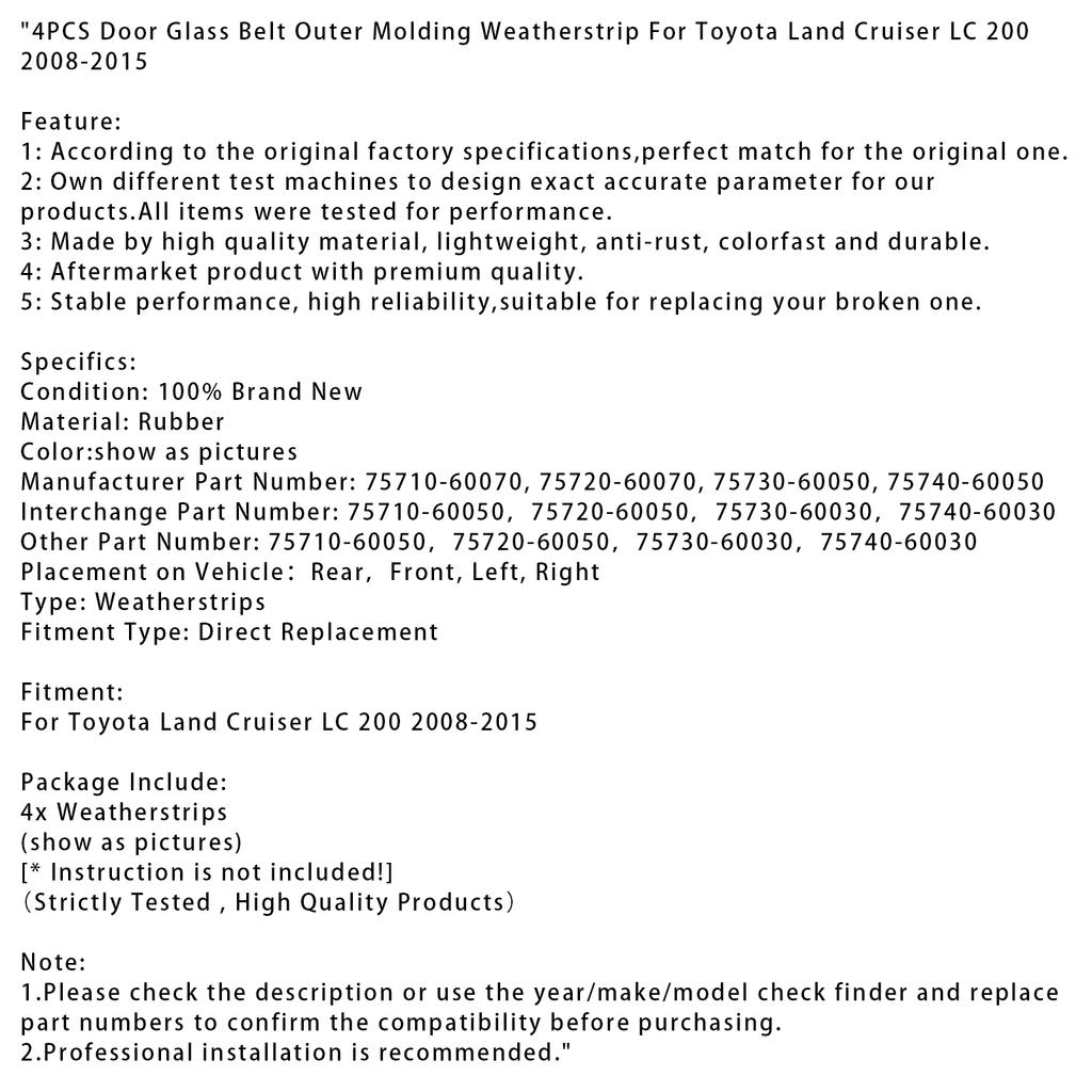 4 шт. Наружный молдинг уплотнителя стекла двери для Toyota Land Cruiser LC 200 2008-2015