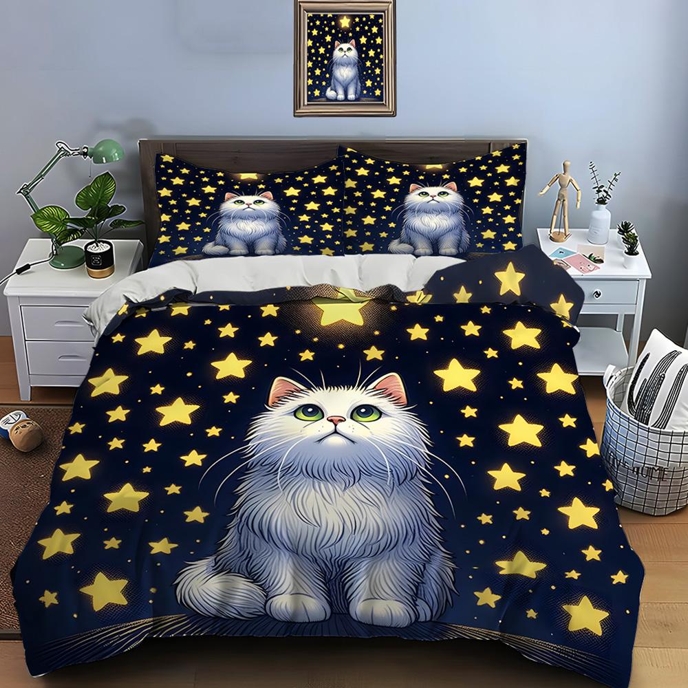 White cat gazing at stars Pattern Duvet Cover Set Digital Print Colorful Polyester Bedding with Zipper Closur for kids gifts