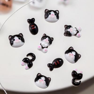 10 шт. черно-белые аксессуары для ногтей для кошек, мультяшные 3D-наклейки на ногти с милой кошачьей попкой, маленькие рыбки, украшения для ногтей из смолы, маникюрные украшения своими руками
