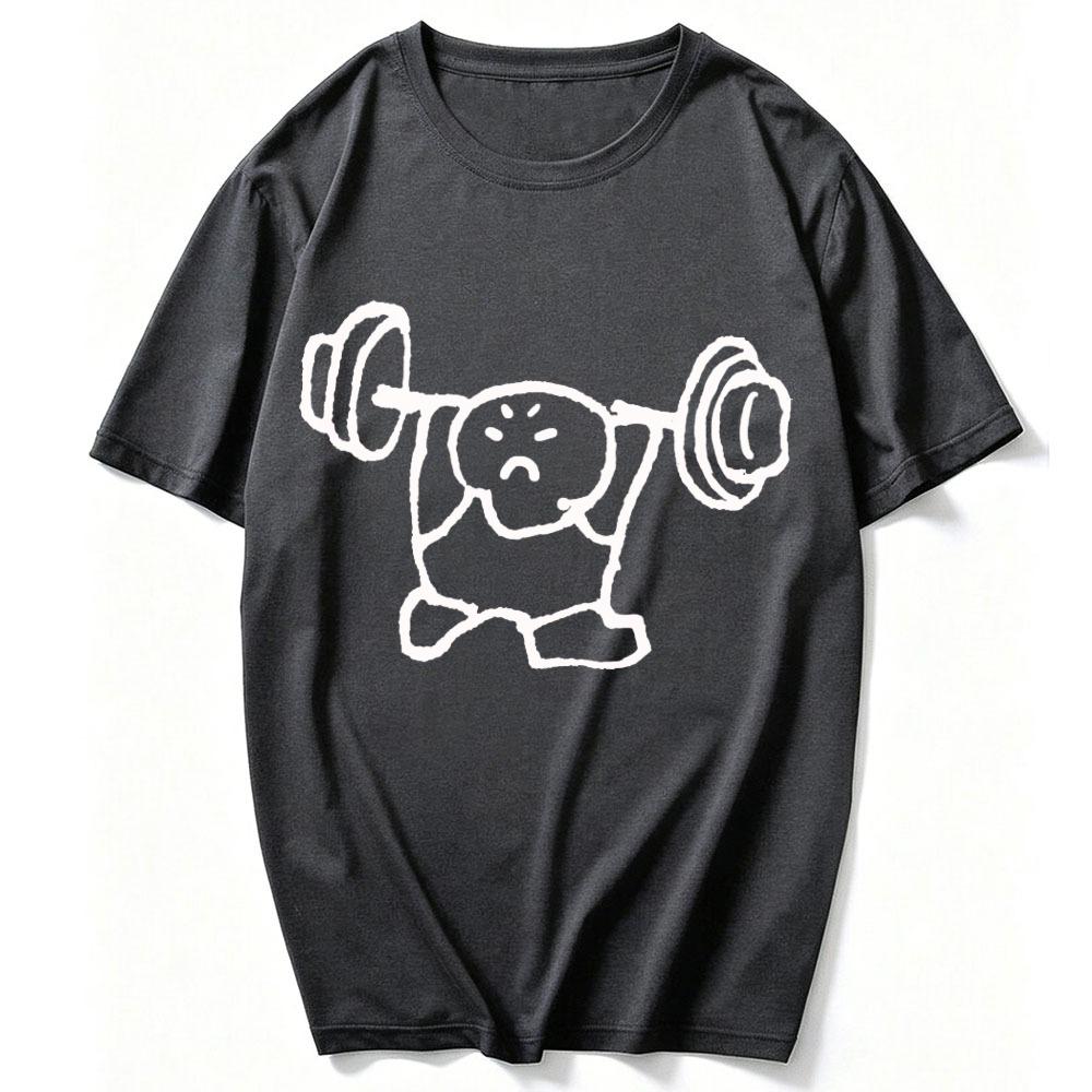 Simple Doodle Stick Figure Struggling To Lift Heavy Barbell Graphic Print Unisex Cotton T Shirt Funny Gym Weightlifting Workout