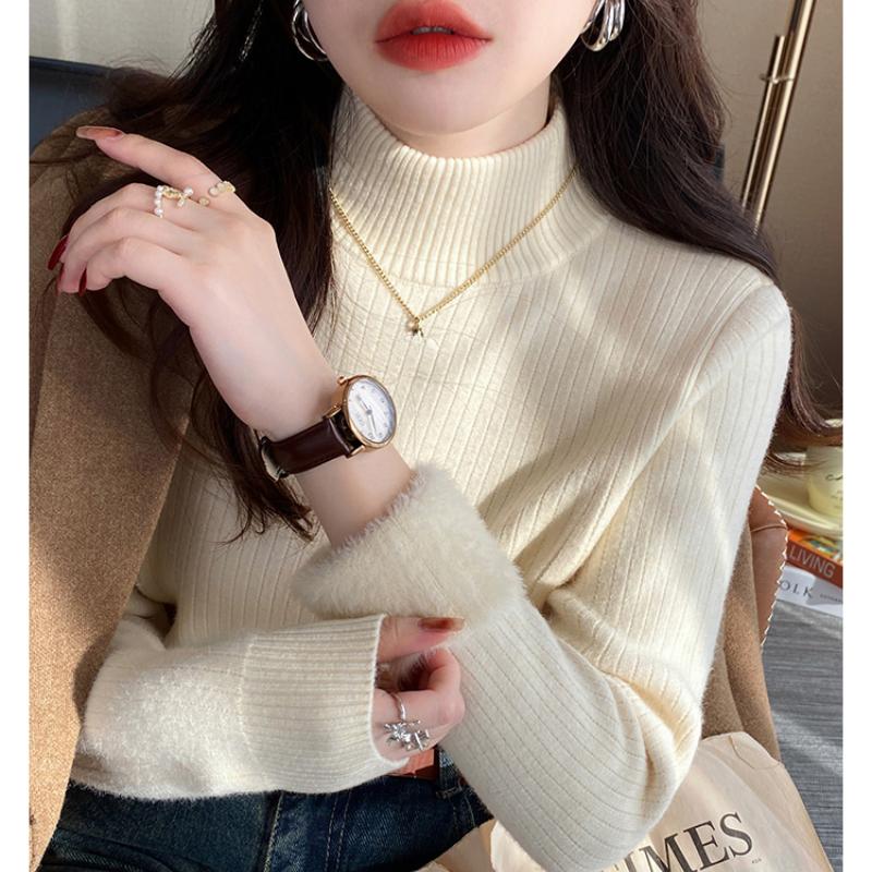 Fashion Thick Half High Neck Plush Base Sweater Women New Autumn and Winter Velvet Knitted Sweaters Tops Office Lady Casual Warm Knitwear 24866