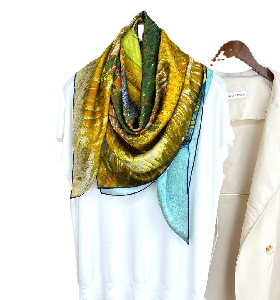 Pastoral Oil Painting Series Yellow-Green Silk Gifts Silk Silk Scarves Mulberry Silk Travel Shawl Scarf Dual-Purpose