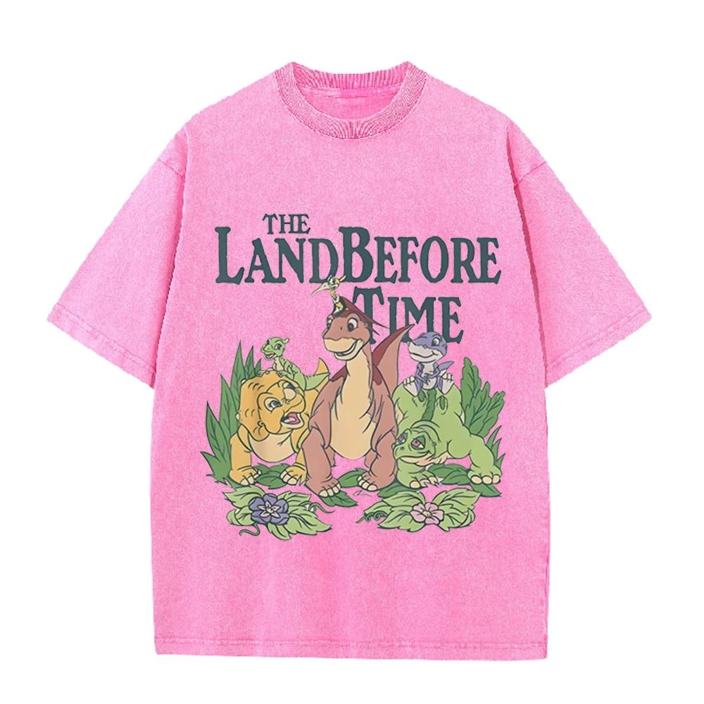 2026 Cute Dinosaur Cartoon Print Unisex T Shirt Vintage Washed Short Sleeve Crew Neck Casual Streetwear Tee For Men Women