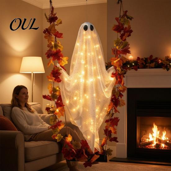 Remote Control LED Ghost Lights Swinging Outdoor Decor, Large Halloween Hanging with Maple Leaf Glowing Gauze Pendant Vine And for Tree, Porch, Yard,