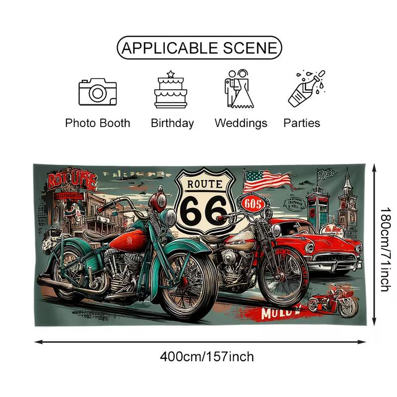 2D Полиэстеровый фон Route 66, Винтажный фон с мотоциклом и байкером для байкерской вечеринки и декора стен