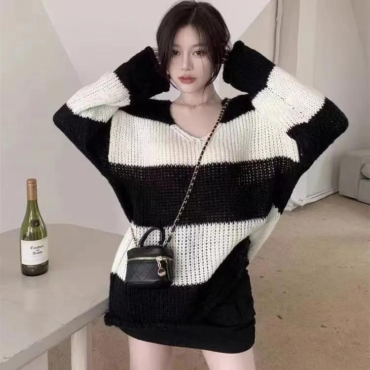 Мужские топы, Свободный трикотаж, Западный стиль, Ленивый стиль, Весенне-осенние тонкие полосатые свитера, Женское лето