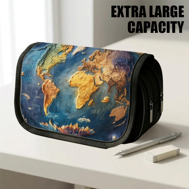 1pc Flip-Top Pencil Case, Retro Textured Globe Earth Blue Large Capacity Thickened Oxford Pencil Bag Double-Layer Zipper Pencil Pouch, Aesthetic Back