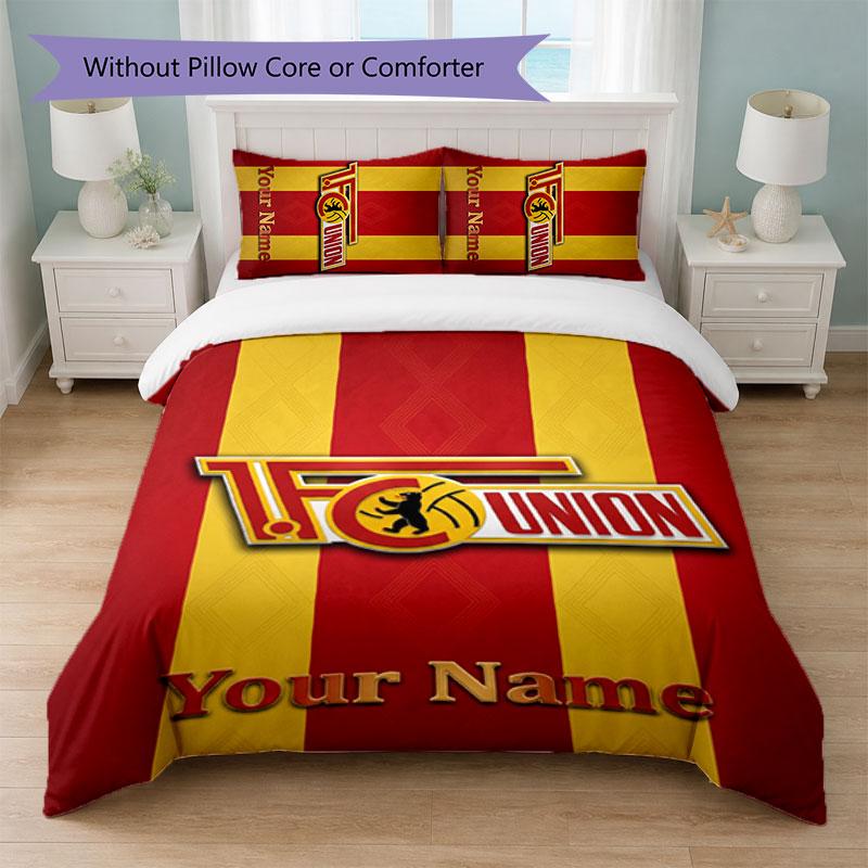 Union Berlin FC Custom Name Text Bedding Set 1 Duvet Cover+2 Pillowcases Soccer Logo Personalized Gift For Special Occasion Bedroom Decor
