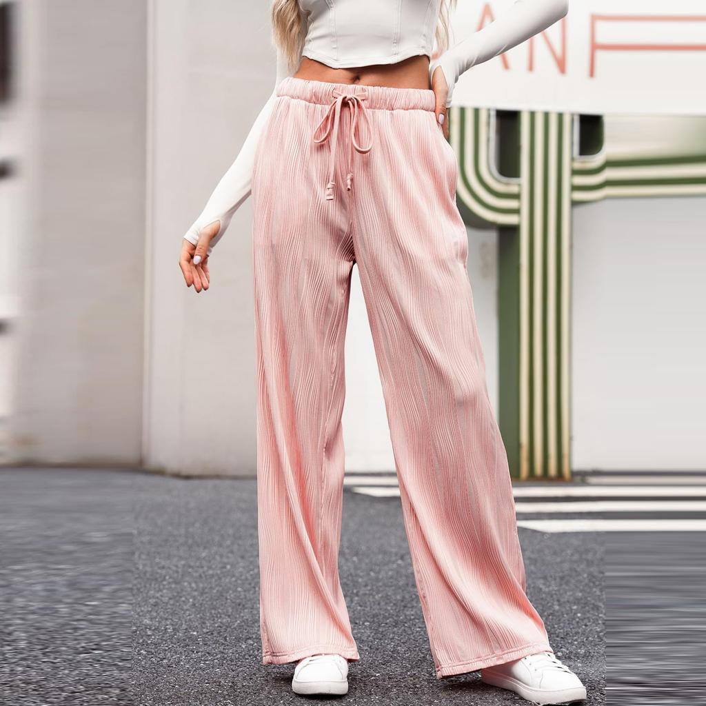 Women's Fashion Casual Elastic Drawstring High Waist Textured Wide Leg Straight Pants
