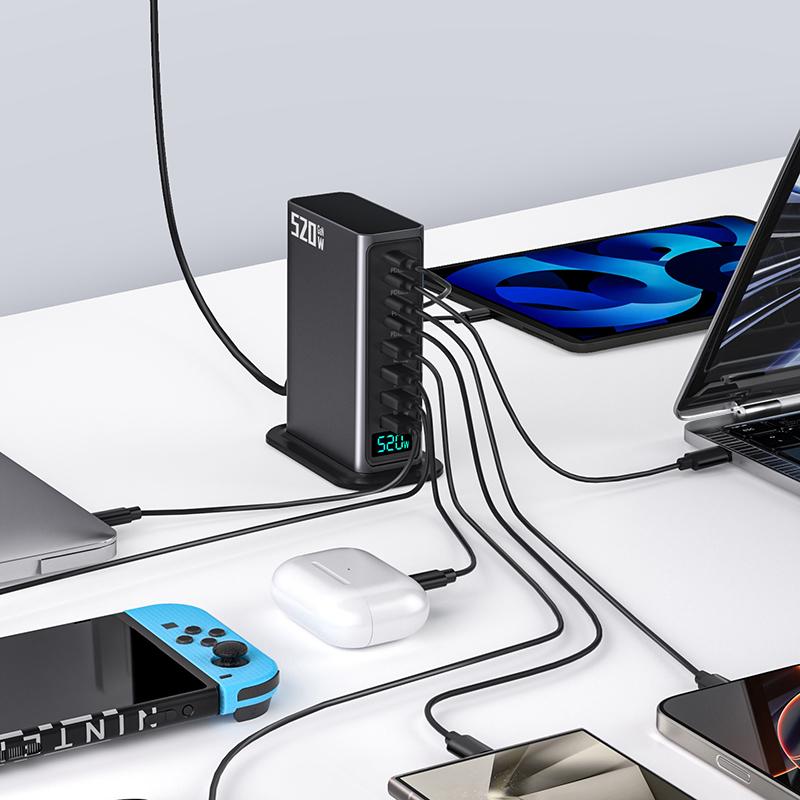 520 Вт 8-портовое настольное зарядное устройство для телефона, ноутбука, планшета со светодиодным дисплеем мощности, адаптер питания для быстрой зарядки PD для компьютера, ПК, для iPhone
