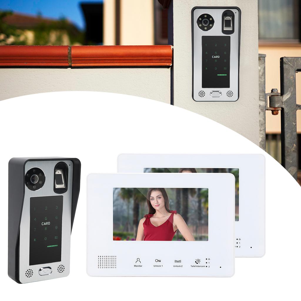 Главная Видеодомофон 2-проводная система 7 дюймов 2 монитора отпечаток пальца пароль IC карта разблокировка ночное видение