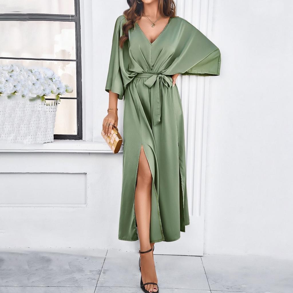 Temperament Slim V Neck Dress Womens Wedding Guest Midi Dresses Solid Formal Long Dresses