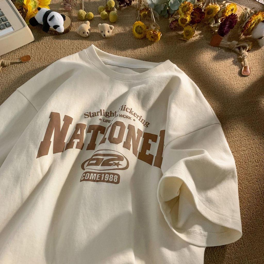 Women's Summer Retro Letter Print Loose Anti-Wrinkle Short-Sleeve T-Shirt