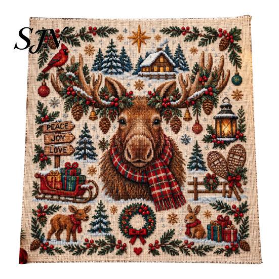 Embroidery Starter Kits for Beginners Christmas Animal Cross Stitch Kit, Holiday Seasonal Handmade Decoration Projects Pattern, Festive Craft