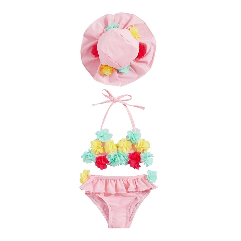 Купальники из 3 предметов для маленьких девочек 6, 12, 18, 24 месяцев, цветочный декор, завязка на шее, топы на шее, шорты с оборками, шляпа от солнца, комплект купальников с разрезом в бикини