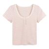 Striped Clavicle-exposed Short-sleeved T-shirt for Women's Summer Contrasting Base Shirt Sweet Hot Girl Short Sweater Top