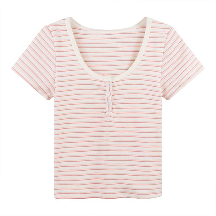 Striped Clavicle-exposed Short-sleeved T-shirt for Women's Summer Contrasting Base Shirt Sweet Hot Girl Short Sweater Top