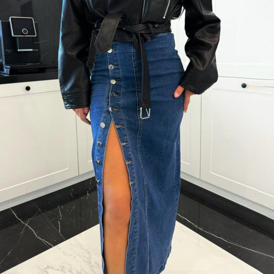 Женская джинсовая юбка с высокой талией, планкой на пуговицах, однотонная юбка миди с неровным разрезом, юбка длиной до середины икры