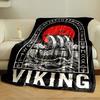 A Viking ship on waves, framed by runes, with a red sun in the background. for all seasons blanket lunch break throw gift