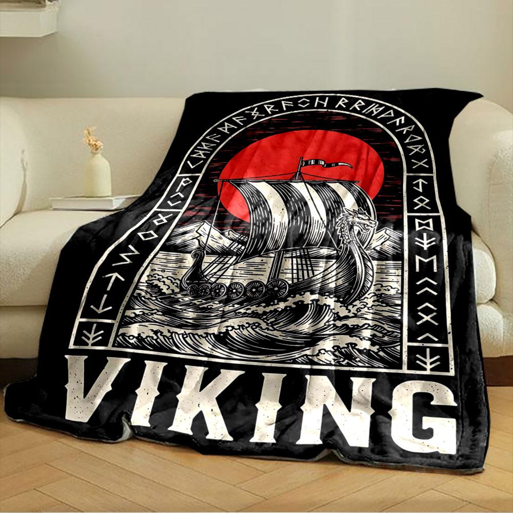 A Viking ship on waves, framed by runes, with a red sun in the background. for all seasons blanket lunch break throw gift