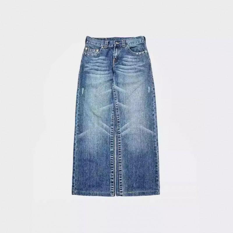 Mens Y2K Vintage Harajuku Bat Embroidery Loose Fit Straight Cut Denim Jeans Casual Streetwear